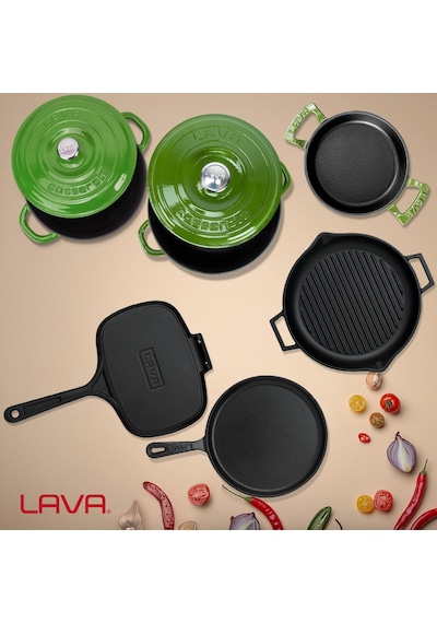Lava Döküm 6x Trendy Serisi 9 Parça Tencere & Tava Seti Yeşil Kırmızı