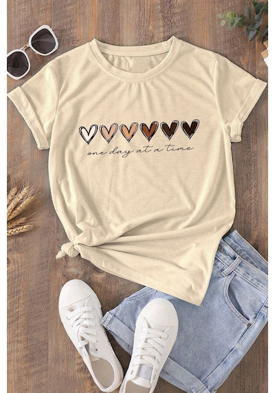 Unisex Hearts Baskılı Tasarım Tshirt Bej