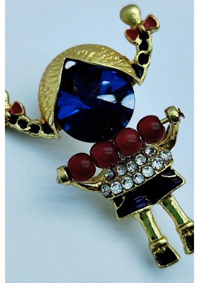 Kırmızı Boncuklu Taşlı Kız Figürü Broş Sevimli Figürlü Şık Brooch Pin Mavi