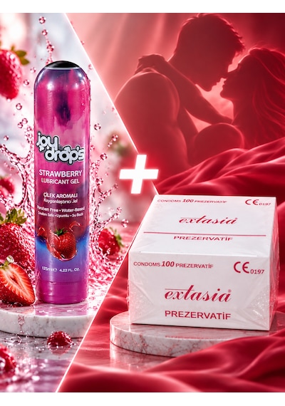 Extasia 100'lü Prezervatif + Joy Drops Çilek Aromalı Kayganlaştırıcı Jel 125 Ml