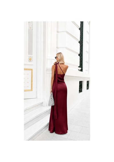 Mayrem May Rem Kadın Saten Halter Yaka Şal Detaylı Maxi Abiye Elbise Bordo