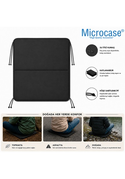 Microcase İple Sabitlemeli Katlanabilir Kamp Sandalyesi Minderi Piknik Outdoor Balıkçılık 40x40 Cm Al5564 Siyah