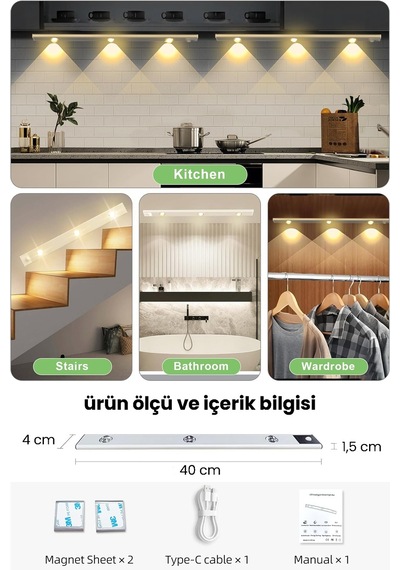 Technojet 3 Ledli Akıllı Hareket Sensörlü Usbli 3 Işık Modlu Lamba Dolap Mutfak Işığı