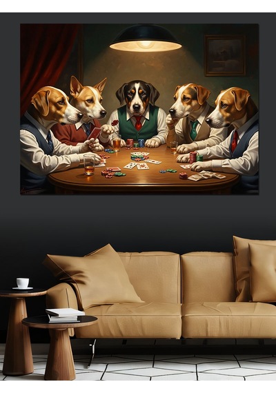 Masa Başında Poker Oynayan Köpekler Dekoratif Kanvas - Mdf Ahşap Tablo