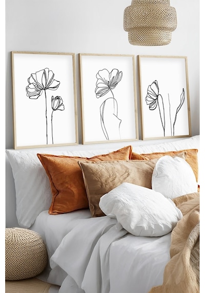 Huhuli Ahşap Çerçeveli Minimalist Line Art 3'lü Tablo Seti Huhu535