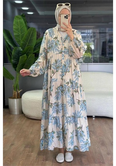 Neşeli Butik Kadın Mavi Hakim Yaka Düğmeli Viskon Çiçek Desenli Tesettür Elbise Nms099