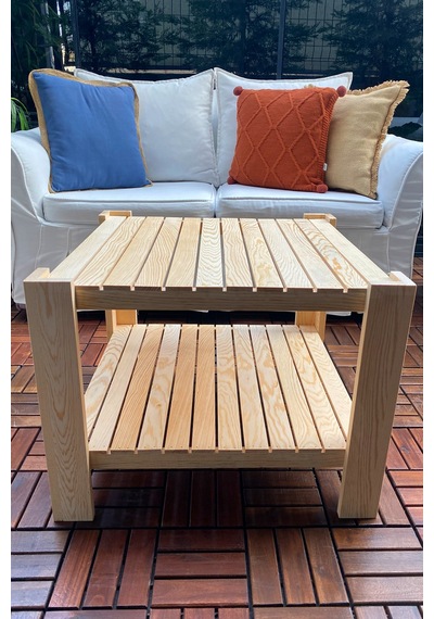 Masif Ahşap Orta Sehpa 2 Raflı Salon Bahçe Balkon Orta Sehpa Dzyn0012 Natural Natural