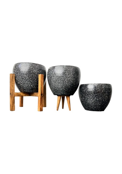 Bitki Tasarımı Ev Dekorasyon Siyah Granit Toprak Saksı Saksılık Salon Çiçeklik 3'lü Set 5CM