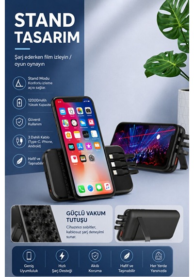 Powerbank 12.000 Mah Wireless Standlı Magsafe Li Vantuzlu Dahili Çoklu Kablo 4in1 Kablolu Ve Kablosuz Siyah - 926788051 Siyah Powerbank 12.000 Mah Wireless Standlı Magsafe Li Vantuzlu Dahili Çoklu Kablo 4in1 Kablolu Ve Kablosuz Siyah - 926788051 Siyah