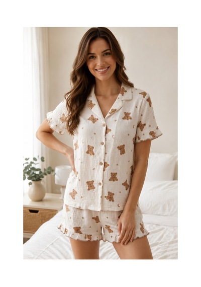 Fit Women Ayıcık Desenli Fırfır Detaylı Şortlu Pijama Takımı 8073 Kar Beyaz
