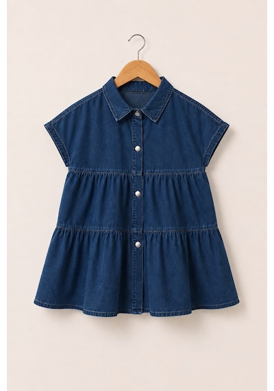 My Kids Wear Mia Düğmeli Denim Kız Çocuk Elbise 12843 Kot Mavi