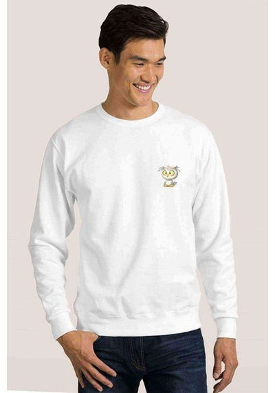 Şaşkın Baykuş Göğüs Baskılı Beyaz Erkek Örme Sweatshirt