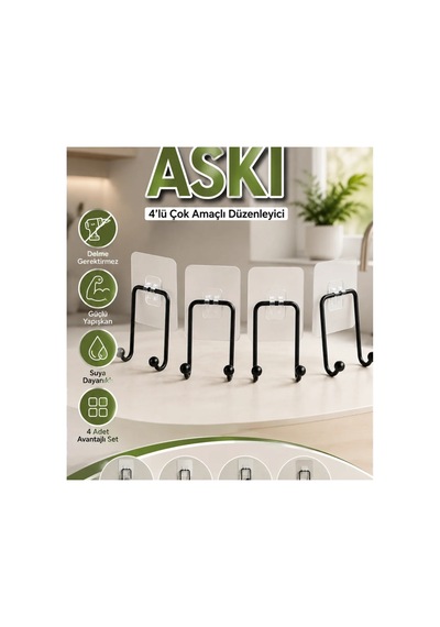 4 Lü Yapışkanlı Çok Amaçlı Askı Mutfak Ve Banyo Düzenleyici Çok Renkli