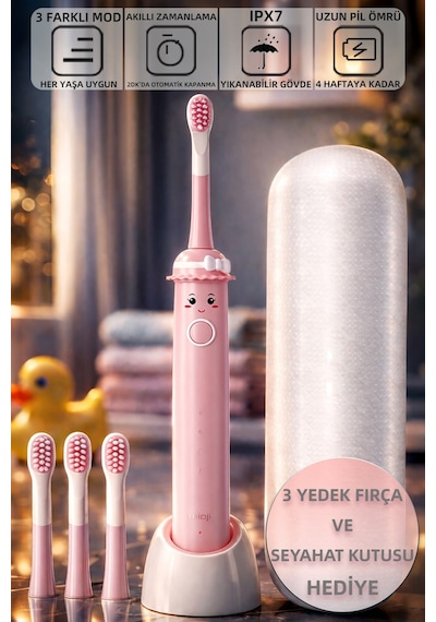 Mioji Oral B2 Kids Care Şarj Edilebilir Diş Fırçası Pembe + 3 Yedek Fırça Başlık ve Taşıma Çantası