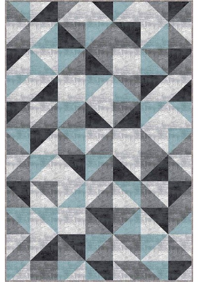 Turkuaz Geometrik Kaymaz Tabanlı Dekoratif Halı Pr08n11