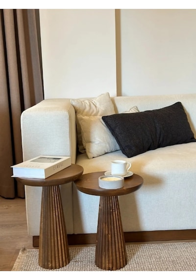 Wood Wooden 2 Li Set Fitilli Derin Çizgili Mantar Yan Sehpa