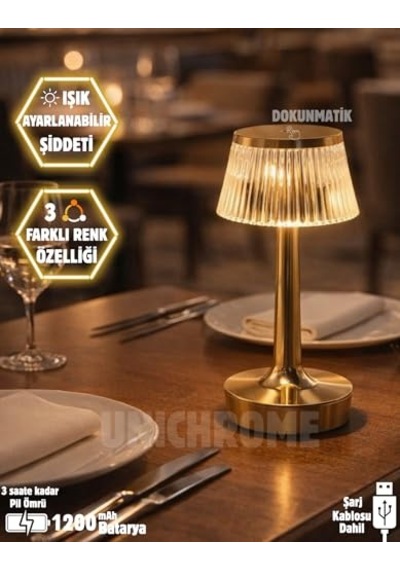 3 Işık Renkli Şarjlı Masa Lambası Dim Edilebilir Gold Metal Görünümlü Gece Lambası Diğer