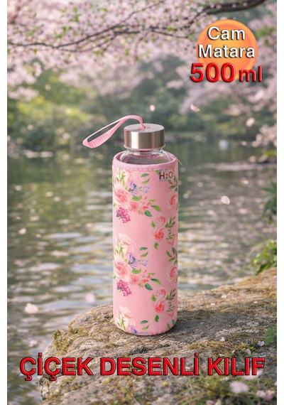 Çiçek Desenli Kılıflı Cam Matara 500 ml - Spor, Okul, Ofis ve Günlük Kullanım İçin Estetik Tasarımlı Su Şişesi