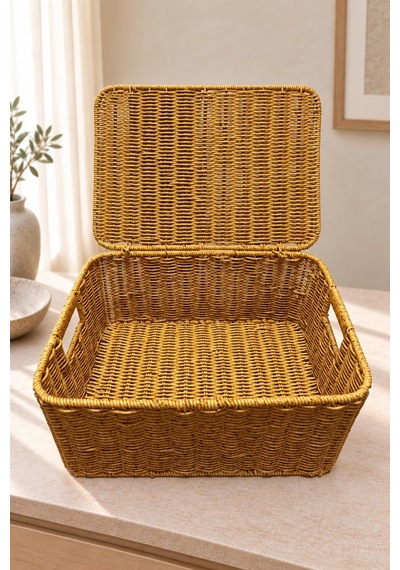 4 Lü Kapaklı Rattan Saklama Sepeti Seti Dolap İçi Organizer Çok Amaçlı Hasır Banyo Düzenleyici
