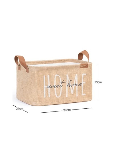 Ocean Home Textile Home Sweet Home Baskılı Dikdörtgen Jüt Sepet //30x21x18 Açık Bej