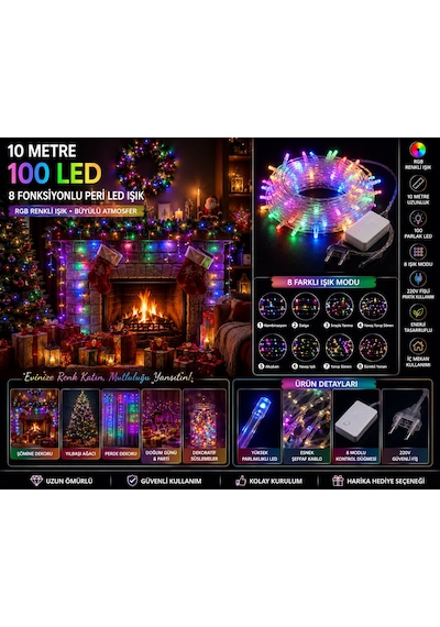 Rgb Renkli Peri Led Işık 8 Fonksiyon 10 Metre 100 Ledli Dekoratif Yılbaşı Ağacı Parti Ev Oda Süsleme Diğer