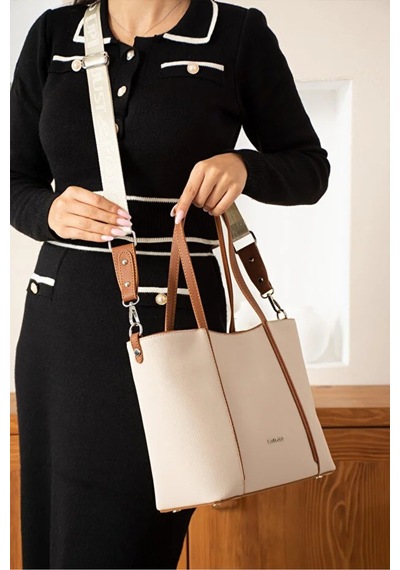 Just Polo Kadın Günlük Kullanıma Uygun Büyük Boy Ayarlanabilir Askılı Lüks El & Omuz Çantası Shoulder Bag Krem - Taba