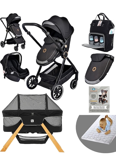 Baby Home Yeni Doğan 9 İn 1 Full Takım 990 Travel Sistem Bebek Arabası Angel Sepet Anne Yanı Beşik Siyah