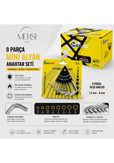 9 Parça Mini Alyan Anahtar Seti Crv Çelik Allen Anahtar Takımı Isıl İşlem Görmüş 1.5-8 Mm