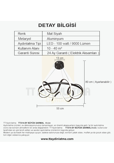 Tt314-Sy Tt Aydınlatma Büyük Sarmal Modeli Mat Siyah Led Avize