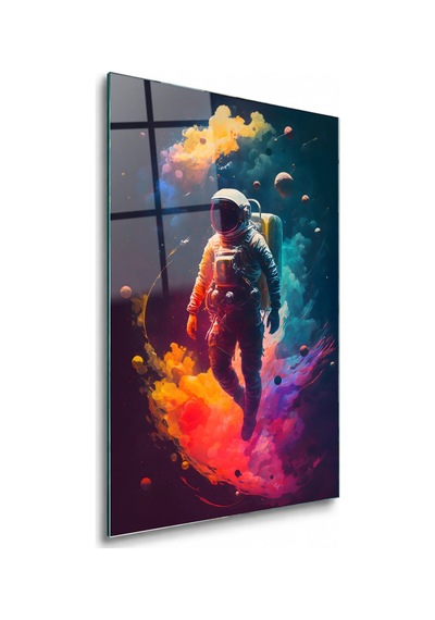 Renkli Dumanlarda Süzülen Astronot Çerçevesiz Cam Tablo