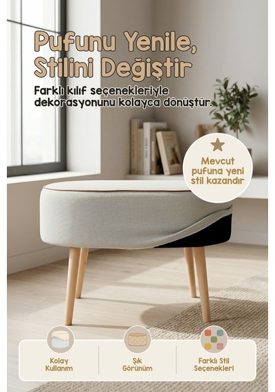 Yıkanabilir Puf Tabure Kılıfı Tak-Çıkar-Değiştir-Yenile Orta Sehpa Kılıfı 59x37x17 Meek Gri