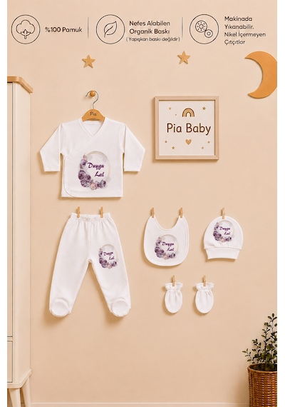 Pia Baby Kişiye Özel %100 Pamuk Kız Bebek Zıbın Seti 5 Parça Patikli Pantolon Şapka Önlük Eldiven 2052z3x Krem