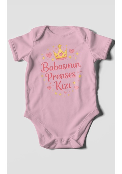 Morivokids Babasının Prenses Kızı Kısa Kollu Bebek Body %100 Pamuk Koyu Pembe