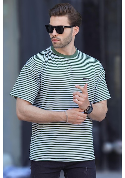 Madmext Haki Bisiklet Yaka Çizgili Kısa Kollu Arma Detaylı Erkek T-shirt 7031 Haki