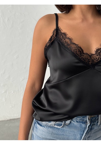 Verymoda Dantel Detaylı Saten Atlet - D2929 Siyah