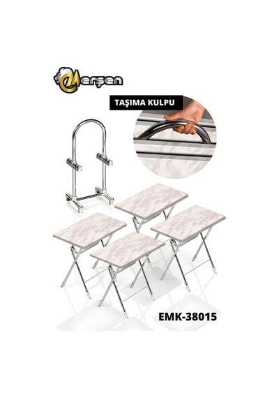 Eranş Serisi 4'lü Katlanır Mdf Mebran Beyaz Mermer Desen Çanta Zigon Sehpa Krom Ayak Beyaz Mermer Desen Krom Ayak