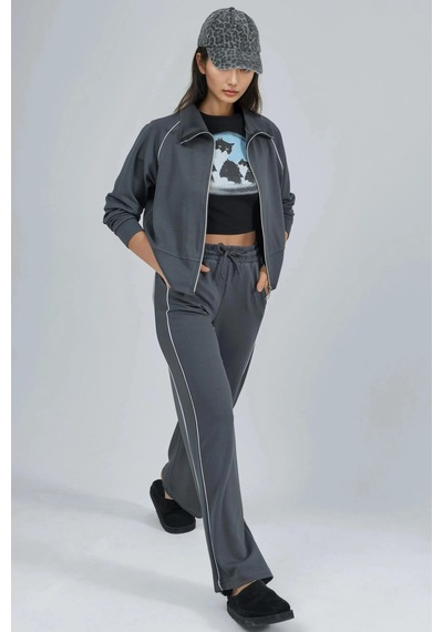 Fiolin Modal Dokulu Fermuarlı Sweatshirt & Pantolon İkili Takım Füme