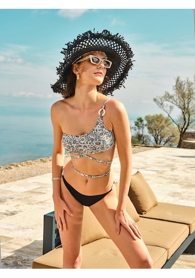 Too Salty Swimwear Kadın Siyah Beyaz Desenli Tek Omuz Halka Aksesuarlı İp Bağlamalı Bikini Takımı 24s122st Renkli