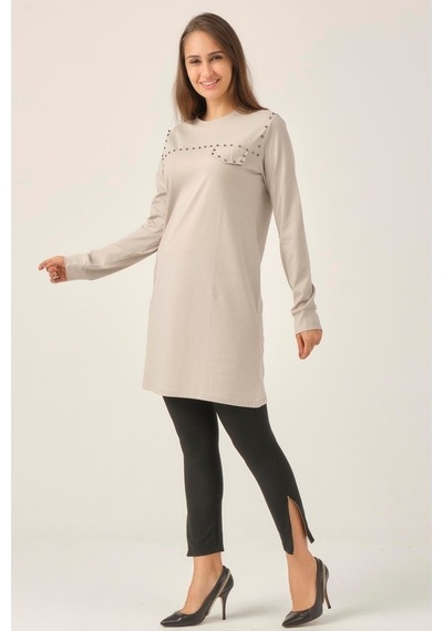 Gri Taşlı Sıfır Yaka Tunik Dm230 Gri