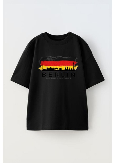 Thewert Unisex Berlin Skyline Tasarım Baskılı Pamuk Sıyah Oversize T-shirt Siyah