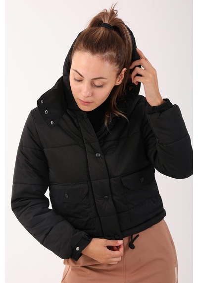 Maraton Sportswear Regular Kadın Kapşonlu Uzun Kol Basic Siyah Mont 21288-siyah Siyah