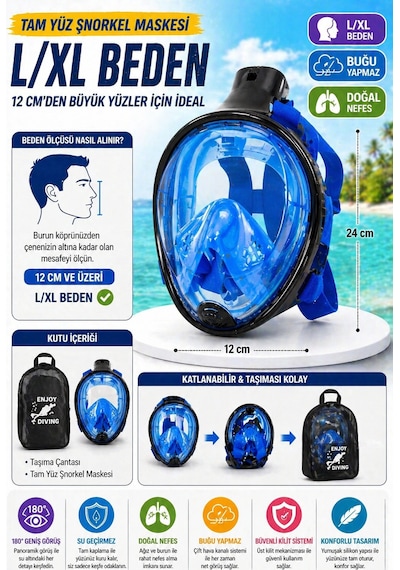 Mavi Siyah Full Face Şnorkel Maske L Xl Tam Yüz Dalış Maskesi Sarı Geniş Görüş Anti Fog Deniz Maske