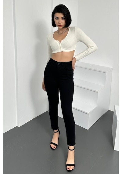 Kadın Siyah Süper Skinny Fit Esnek Likralı Denim Jean Kot Pantol