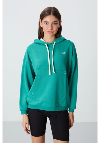 Tommy Life Deniz Yeşili Kompakt Pamuklu Kalın Pürüzsüz Dokulu Kapüşonlu Oversize Fit Kadın Sweatshirt - 97291 Yeşil