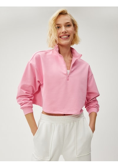 Koton Crop Sweatshirt Yarım Fermuarlı Dik Yaka Pembe 3sak10196ek Gülkurusu