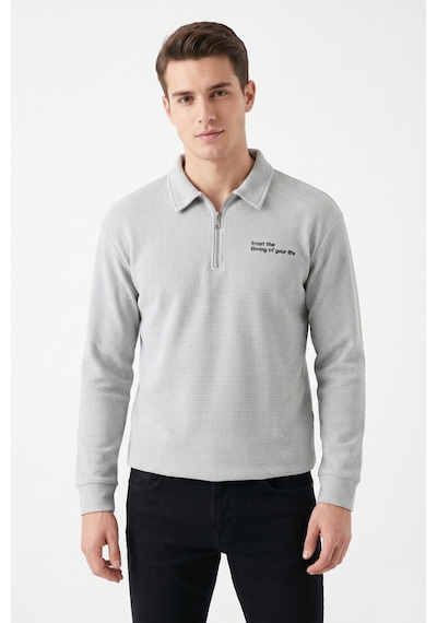 Opınıon Erkek Spor Polo Yaka Petek Dokulu Sweatshırt Bgl-st05442 A.gri