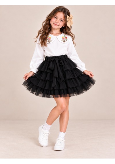 Kokoş Bebe Çiçek Yakalı Bluz Tüllü Etek Tokalı Kız Çocuk Takım - 5/12 Yaş - 31929 Siyah