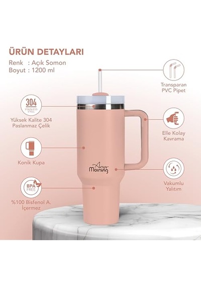 Any Morning Vaha 1200 Ml Termos Mug, 3 Kademeli Çevirmeli Kapak, Açık Somon Sı2440217 Açık Beyaz