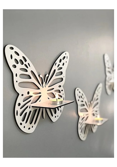 Raflı Kelebek 3'lü Beyaz Mdf Duvar Dekorasyon Lazer Kesim Her Biri 30x26 Cm -