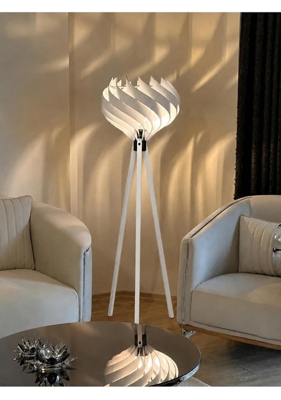 Tr Modern Ahşap Tripod Lambader Dekoratif Salon Köşe Lambası Beyaz Diğer